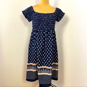 Oh! Mamma Maternity Smocked Off Shoulder Navy, White & Pink Print Dress Size L